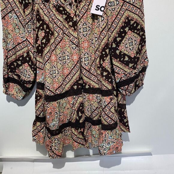 SO Women's Brown Multi Lace Inset Tiered Long Sleeve Babydoll Dress Medium NWT - Picture 2 of 12
